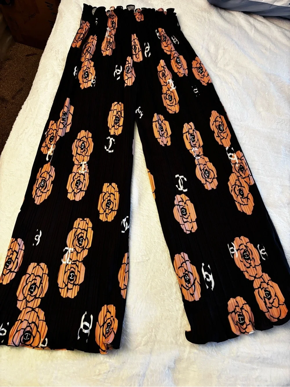 Brand new Palazo Black Wide-Leg Pleated Pants with Peach Floral Print